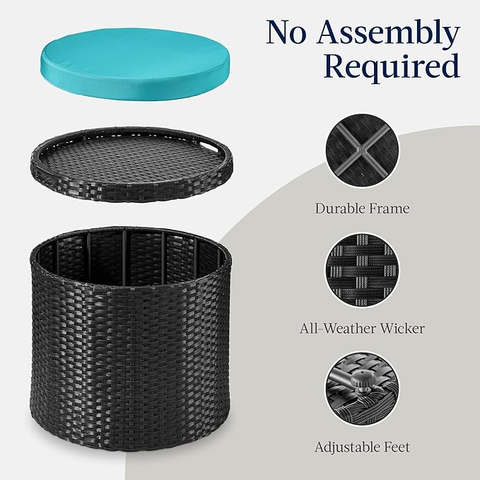 Best Choice Products Round Wicker Ottoman, Multipurpose Outdoor Furniture for Patio, Backyard, Additional Seating, Footrest, Side Table w/Storage, Removable Cushions – Black/Teal