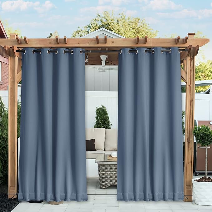 NICETOWN 2 Panels Fixed Stone Blue Outdoor Curtains for Patio Waterproof, Top & Bottom Grommet & Back Tab Windproof Drapes Thermal Insulated Blackout Outdoor Blinds for Porch/Gazebo, W52 x L84