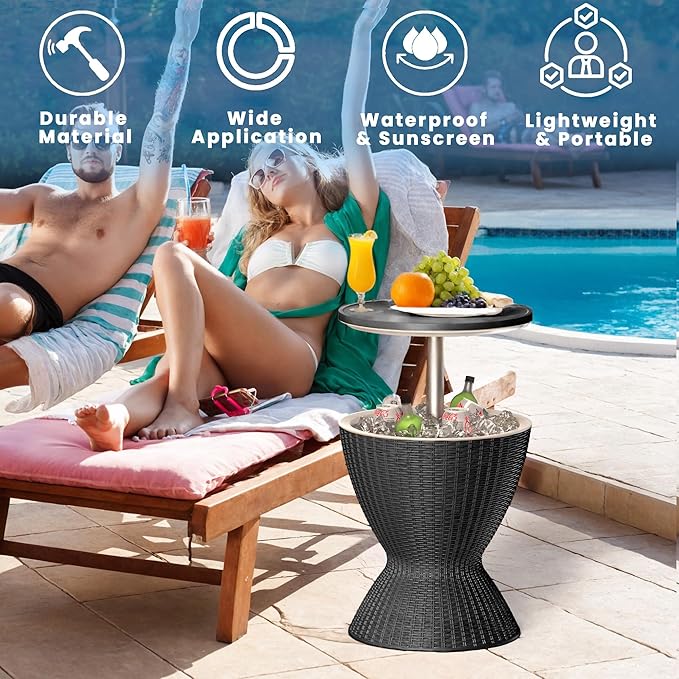 EasyUp Outdoor Cooler Bar Table – 8 Gallon Outdoor Patio Cooler Table with Drain Plug, Adjustable Height Rattan-Style Resin Cool Bar for Poolside, Deck, BBQ & Parties (Black)