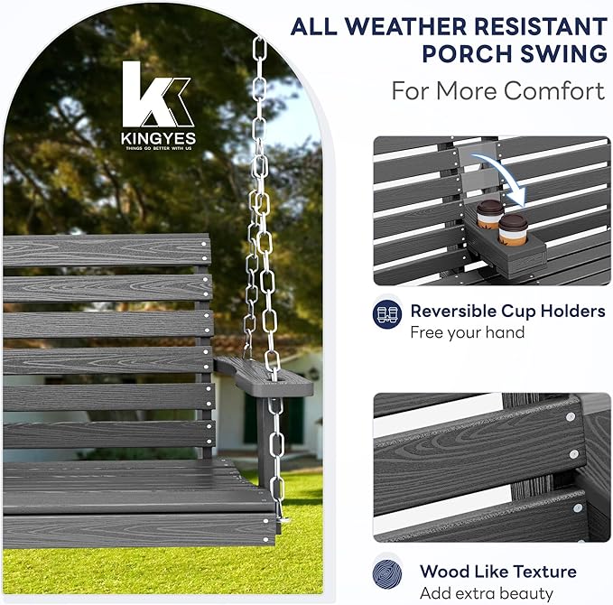 KINGYES Outdoor Hanging Porch Swing, 2 Seat Patio Chair With Cup Holders, Waterproof Bench for Courtyard & Garden, 660LBS Weight Capacity, Gray