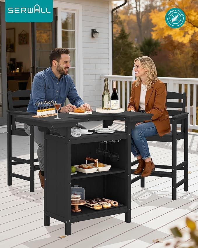 SERWALL Outdoor Bar Table Set (1 Table with 2 Chairs) – HDPE Black Patio Bar Cabinet with 4-Tier Storage & Spacious Tabletop, Perfect for Outdoor, Poolside, Backyard