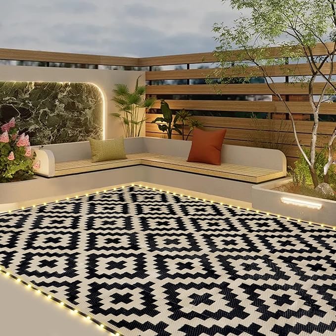SAND MINE Reversible Mats with Led Strip Lights, Plastic Straw Rug, Modern Area Rug, Large Floor Mat for Outdoors, Patio, Backyard, Deck, Picnic, Camping, Black & Beige, 5' x 8'