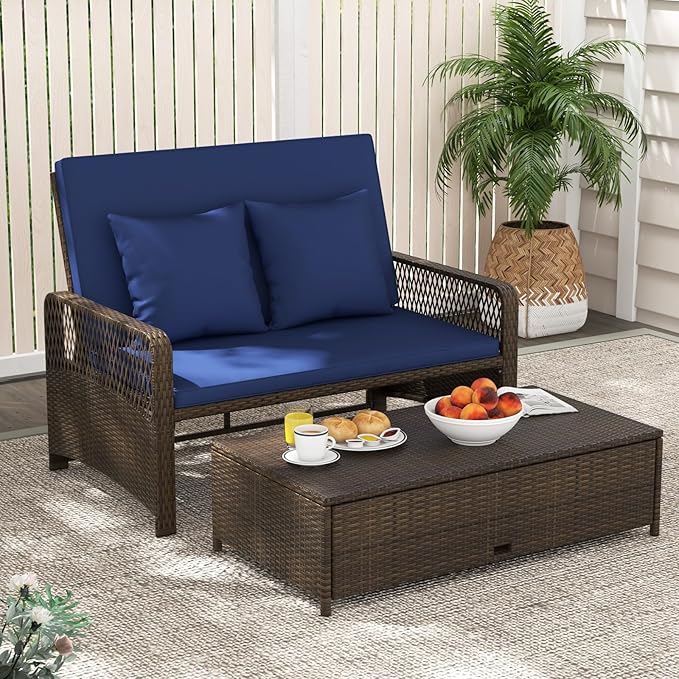RELAX4LIFE Wicker Patio Outdoor Daybed - Rattan Sunbed Loveseat Sofa Set w/4-Level Adjustable Back, Cushions & Pillows, Storage Ottoman, 2-Person Bed Lounger for Backyard Porch, Patio Daybed (Navy)