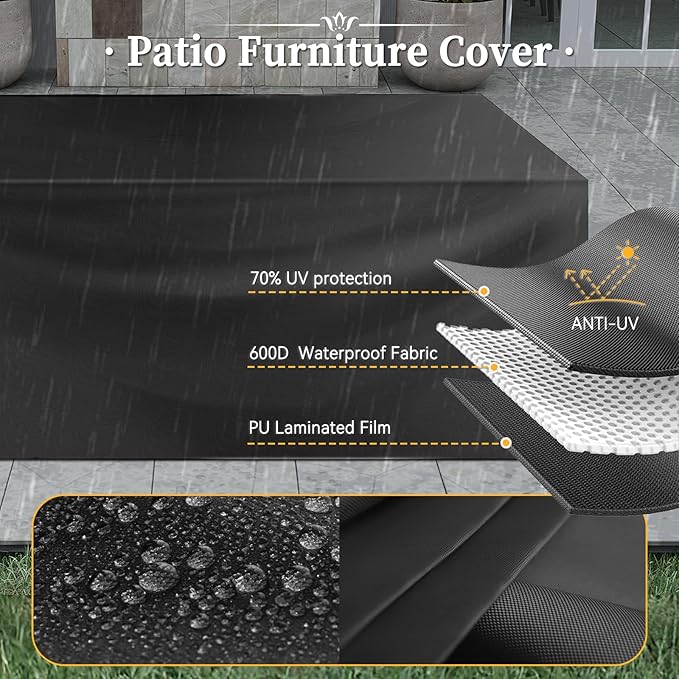 Aoxun 7 Piece Patio Furniture Set with Wide Armrests & 44” Fire Pit Table Wicker Rattan Outdoor Sectional Sofa Set with Coffee Table and Thickened Cushions, Brown/Beige(Waterproof Cover Included)
