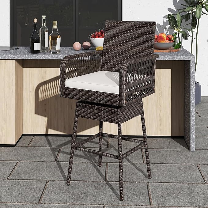 ORALNER Outdoor Wicker Swivel Bar Stools Set, 29" Bar Height Patio Rattan Dining Chair with Armrests, Footrest & Seat Cushion, Metal Frame, for Backyard, Porch, Poolside, Deck (1, White)
