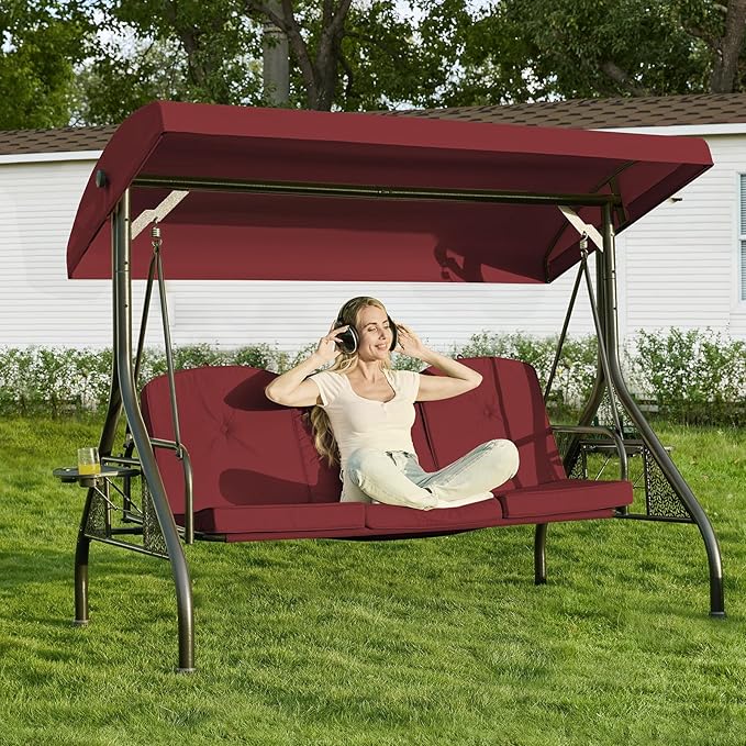 3-in-1 Convertible Outdoor Swing for Adults, Outdoor Porch Swing with Stand 800lb Bearing Capacity, 3-Seat Outdoor Swing with Canopy Adjustable, Thickened Cushions (Round, Wine Red)