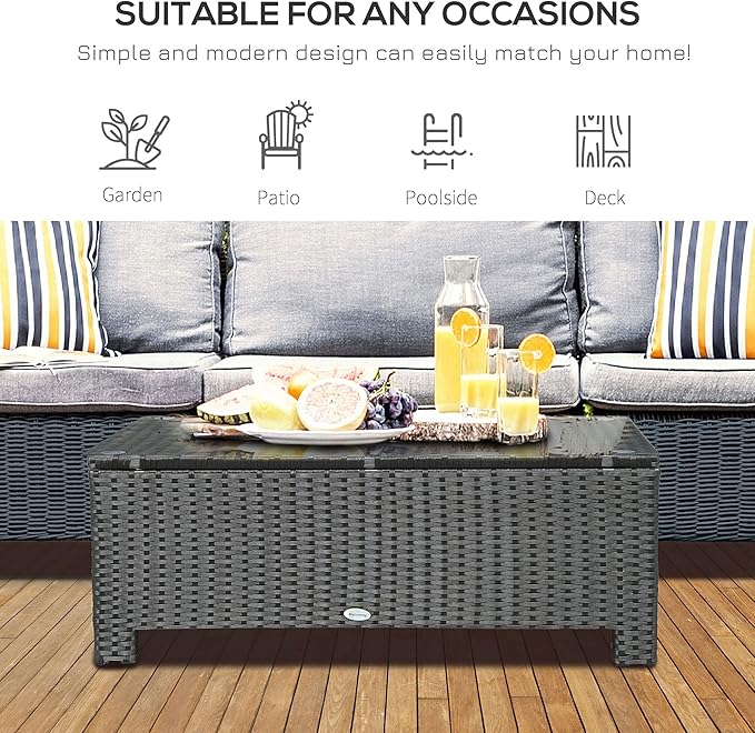 Outsunny Patio Furniture, Wicker Coffee Table, Hand-Woven PE Rattan Side Table with a Tempered Glass Top, 33.5" x 19.75", Black