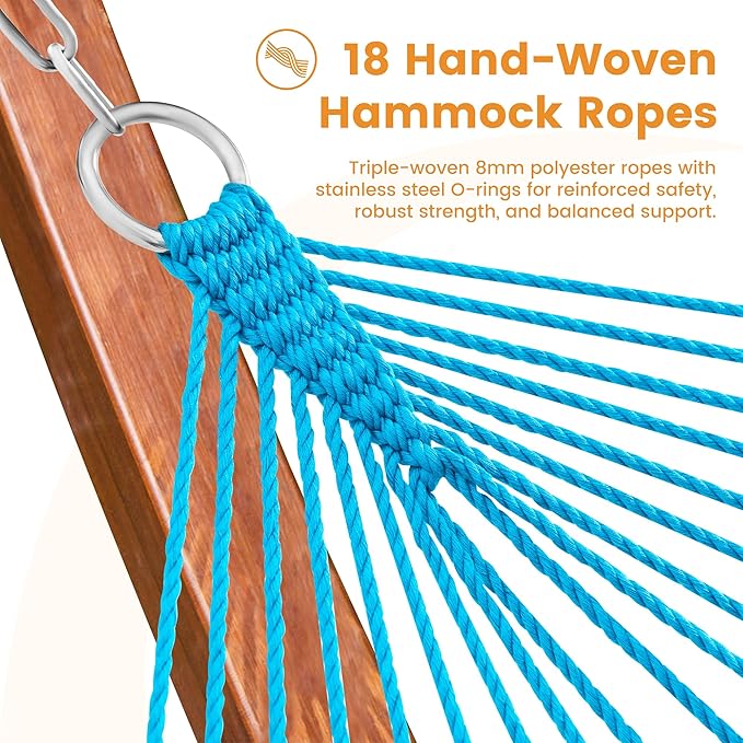 Lazy Daze Hammocks 10.5 FT Double 2 Person Caribbean Rope Hammock, Hand Woven Polyester Hammock with Spreader Bars, for Outside Outdoor Backyard Patio Poolside, 450 LBS Capacity, Rainbow