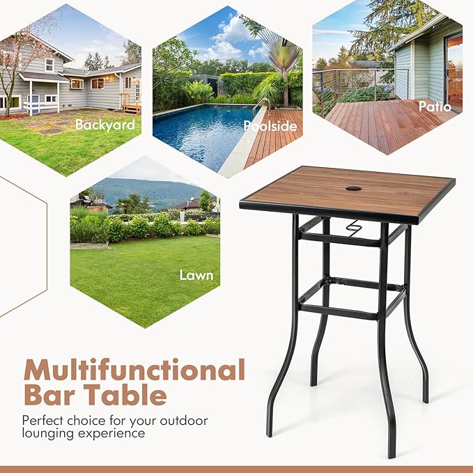 Tangkula 27.5 Inch Patio Bar Table, Outdoor Bar Height Table with 1.5" Umbrella Hole, Wooden-Like Tabletop & Heavy-Duty Metal Frame, Square Bistro High Top Table for Backyard, Balcony, Poolside
