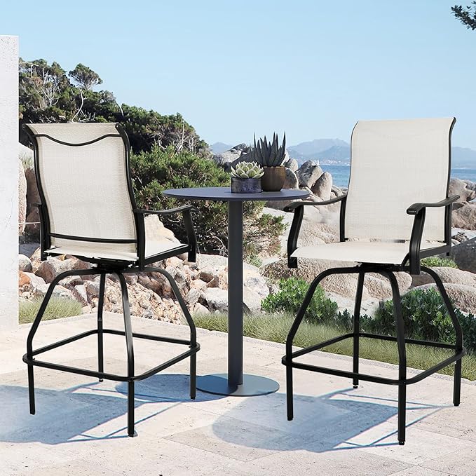 LEVELEVE Patio Bar Set 4pcs Swivel Bar Stools Outdoor Bistro Textilene Furniture Stability All-Weather Set (Beige Fabric)