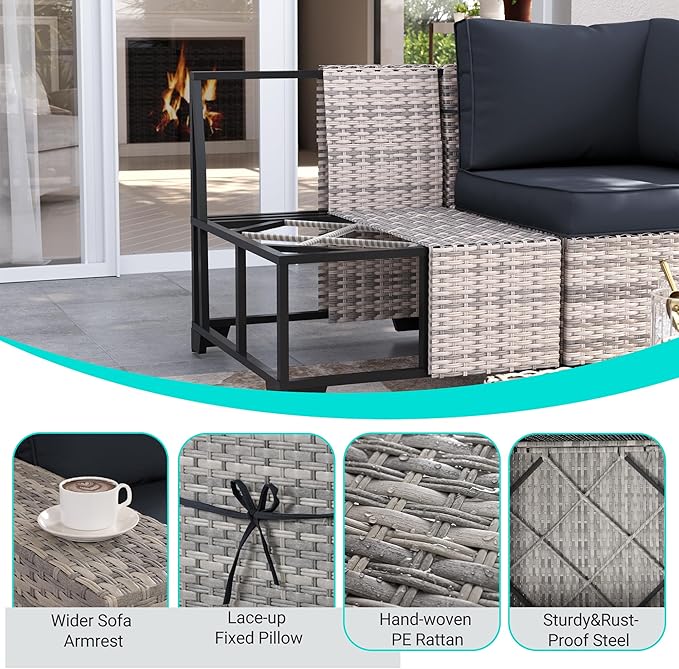 16-Piece Outdoor Patio Furniture Set with Rocking Swivel Chair, PE Wicker Rattan Sectional Sofa Patio Conversation Set with 55,000 BTU Fire Pit Table & Coffee Table, Dark Grey