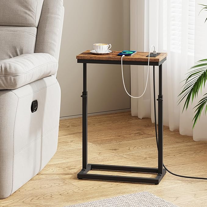 TUTOTAK End Table with Charging Station, Side Table, Tall Couch Table, Sofa Table, Living Room, Bedroom,Brown TB01BB084