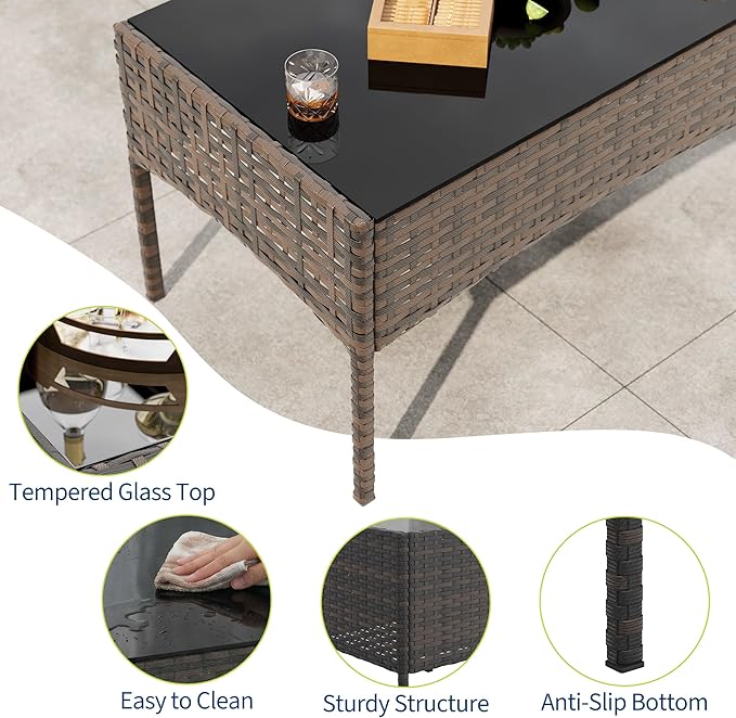 GAOMON 4-Piece Patio Furniture Set, Modern PE Rattan Conversation Set with 2 Chairs, Loveseat & Tempered Glass Coffee Table, All-Weather Outdoor Seating for Garden, Porch, Balcony, Poolside