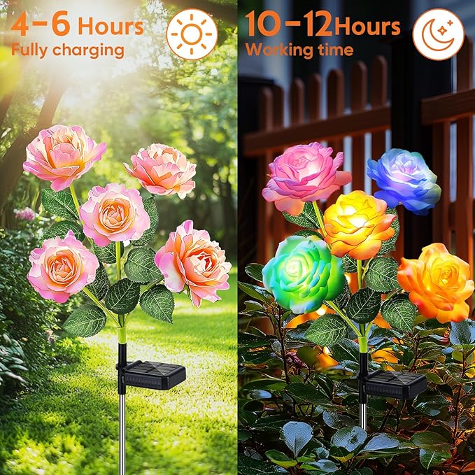 Solar Rose Lights Outdoor: 10 Pack IP65 Waterproof 7-Color Changing LED Flower Stakes for Garden Pathway Patio Lawn Decorative - Auto On Off 10H+ Lighting