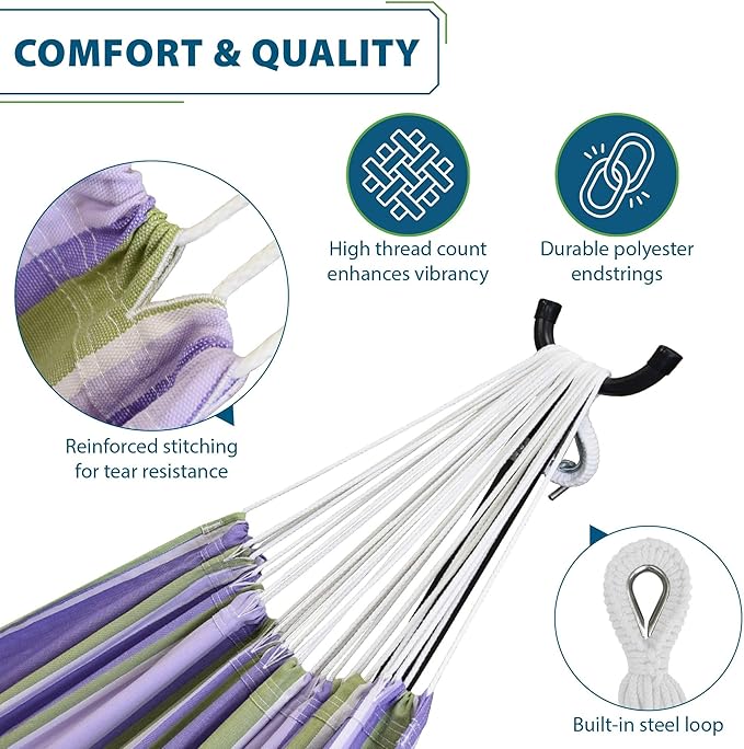Vivere Double Cotton Hammock with Space Saving Steel Stand, Upgraded Polyester End Strings 450 lb Capacity - Premium Carry Bag Included - USA Grown Cotton (Tranquility)