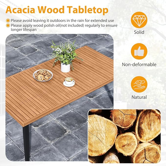 Tangkula 63" Acacia Wood Patio Dining Table for 6, Outdoor Dining Table with 1.97" Umbrella Hole & Metal Legs & Adjustable Foot Pads, Rectangular 6-Person Outside Table for Garden, Poolside & Backyard