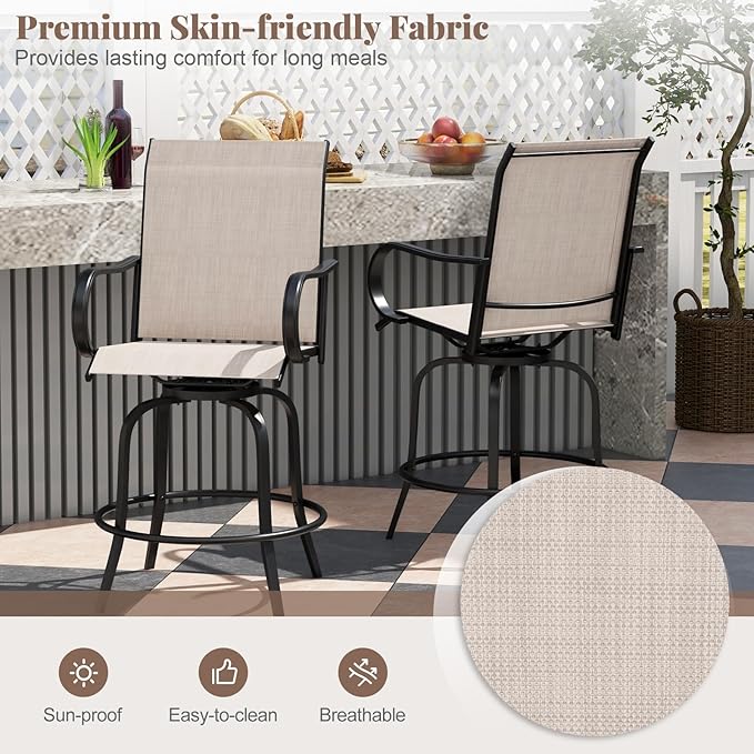 Giantex Set of 4 Swivel Outdoor Bar Stools, All-Weather Bar Height Patio Chairs, 330LBS Capacity, 360 Rotating Outside Bar Chairs with High Back Armrests, for Porch Yard Lawn Garden Pool (Grey)