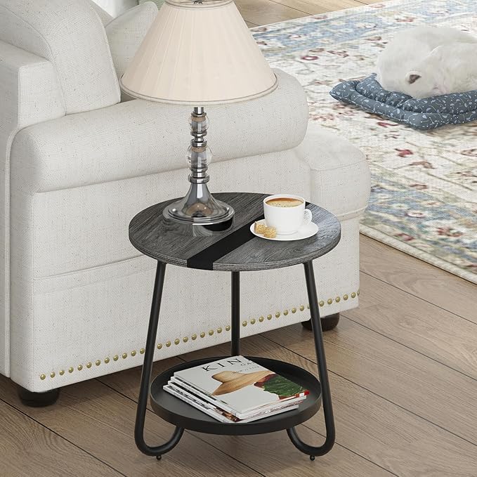 2 Tier Coffee Table in Living Room, Industrial Style Round Coffee Table with Metal Tray, Wood Small Outdoor Coffee Table for Bedroom Balcony Patio, Gray