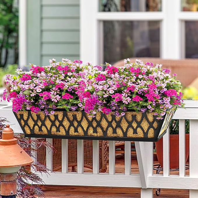 2 Pack 30 Inch Window Boxes Planters Railing Planter Box with Adjustable Brackets for Porch Fence Patio Balcony Hanging Flower Baskets with Coco Liners for Outdoor Garden Decor - Black