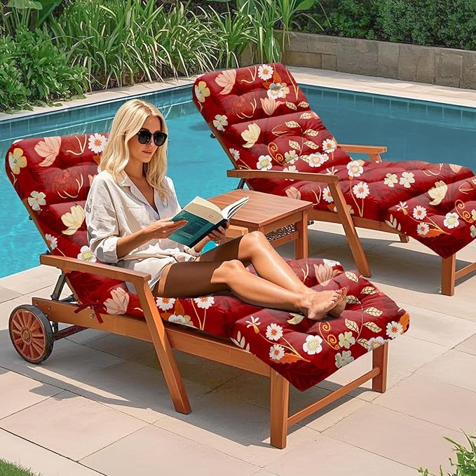 4 Pack Outdoor Chaise Lounge Chair Cushion 75.1 x 22.8 x 4.7 Inches 100% Waterproof Replacement Cotton Patio Pool Lounge Chair Cushion for Outdoor Furniture with Ties, Red Peony