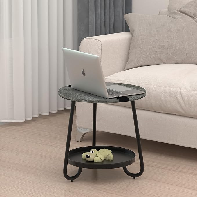 2 Tier Coffee Table in Living Room, Industrial Style Round Coffee Table with Metal Tray, Wood Small Outdoor Coffee Table for Bedroom Balcony Patio, Gray