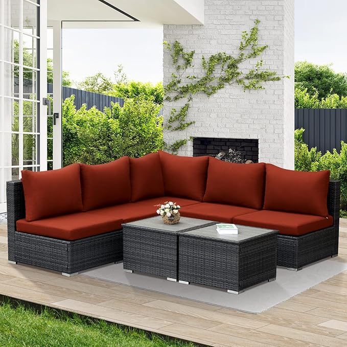 NICESOUL 7 Pieces Modern Luxury 29.3'' High Back Outdoor Furniture Sofa Set, Extra Large Size Grey PE Wicker Patio Modular Sectional with Tables, All-Weather Rattan Conversations for Backyard, Wine