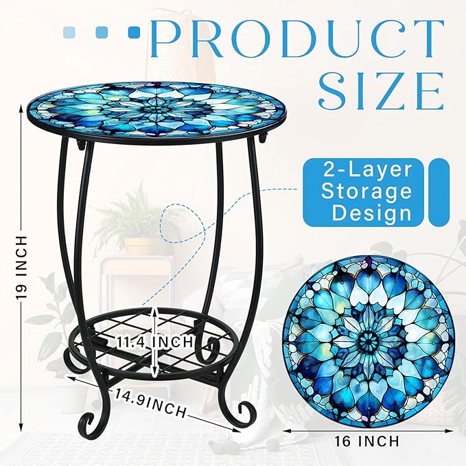 Outdoor Side Table Round Small Mosaic Patio Accent Indoor End Plant Coffee Tea Table for Yard Patio Porch Garden Living Room, Bedroom(Mandala Style,16 Inch)