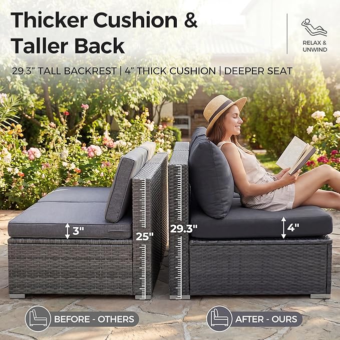 NICESOUL Extra Large Rattan Patio Furniture Set with Gas/Propane Fire Pit Table, 29.3'' High Back Comfy Outdoor Sofa Conversations, 7 Piece Moden Deep Wide Seated Sectional Couch for Backyard, Gray