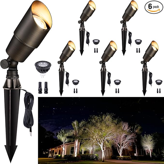 Gardenreet Solid Brass Spot Lights - Low Voltage Landscape Spotlight Outdoor, 12V LED Uplights Wired Waterproof, Electric Bronze for Patio Wall with 4000K Bright White MR16 Bulb (6 Pack)