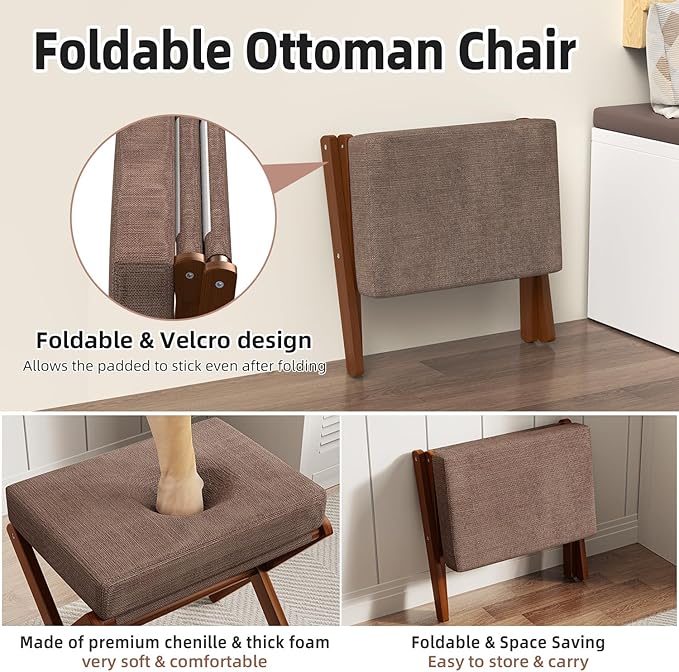 Foldable Foot Stool Ottoman, Modern Foot Rest with Bamboo X Legs & Thick Foam Cushion, Folding Foot Stools Small Padded for Bedroom Living Room, Footstool for Chair Couch (Brown - Brown)