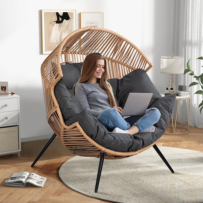 Shintenchi Wicker Egg Chair,Outdoor Indoor Rocking Chair,Large PE Rattan Rocking Chair with Cushion for Patio, Balcony, Backyard, Garden,Deep Grey