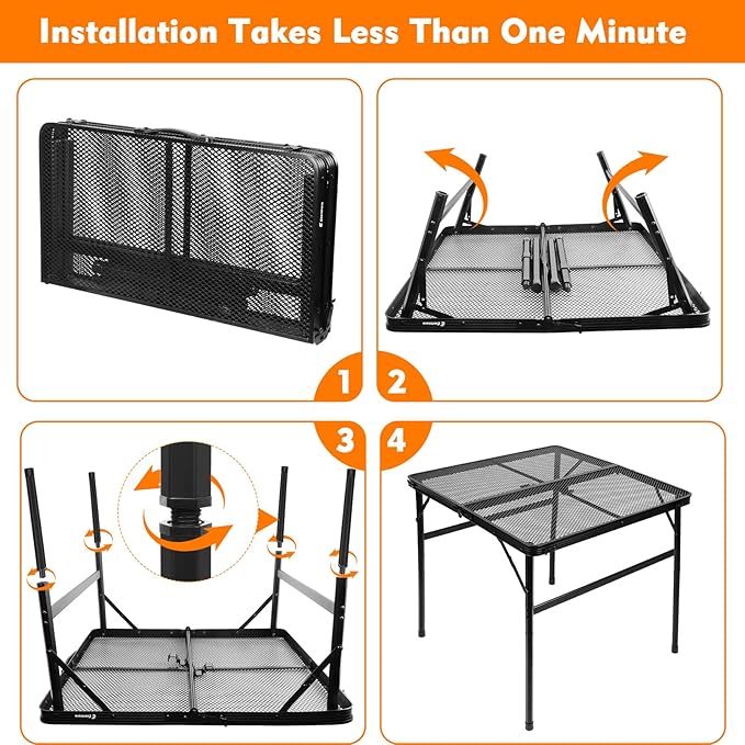 Square Folding Card Table with Adjustable Height (12" & 26"), Black Portable Metal Mesh Table for Camping, BBQ, Picnic, Game, Patio & Indoor Use, Fits 2–4 People, Lightweight 7.6 lb, Supports 66 lb