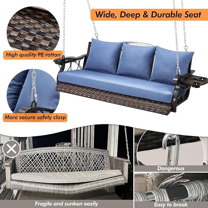 Heavy Duty 900 LBS Porch Swing Chair 3-Person Outdoor Rattan Patio Swing Lounge w/Cup-Holder & Steel Chains Wicker Hanging Bench Porch Swing Cushions for Deck & Backyard & Garden
