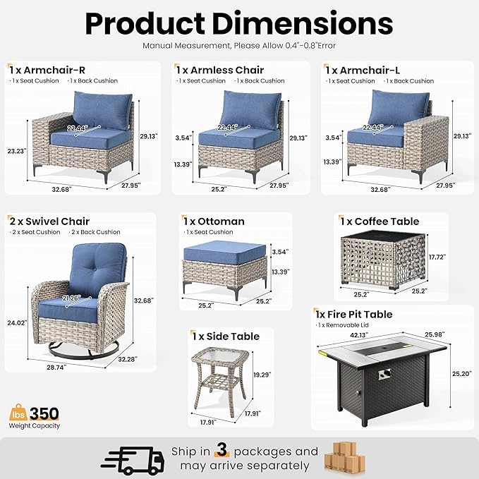 ovios 9-Piece Patio Furniture Set with L-Shape Sofa Chaise, Outdoor Sectional Couch Swivel Gliders Fire Pit Table Solar Table, Modern Modular Wicker Rattan Conversation Set, Denim Blue