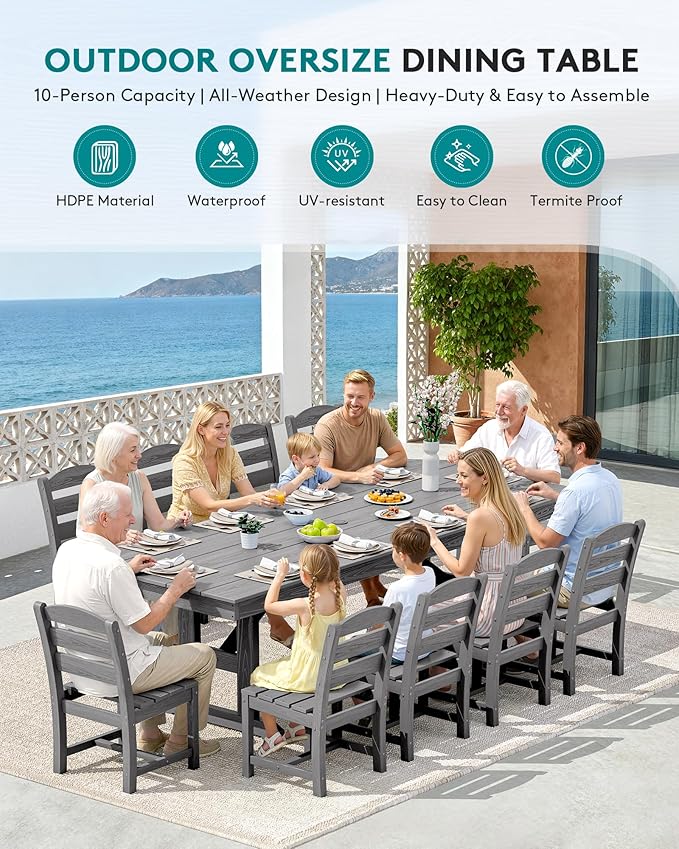 SERWALL Outdoor Dining Table, 84" Rectangular Dining Table for 6-10 Person, All Weather HDPE Outdoor Furniture for Backyard, Garden, Gray