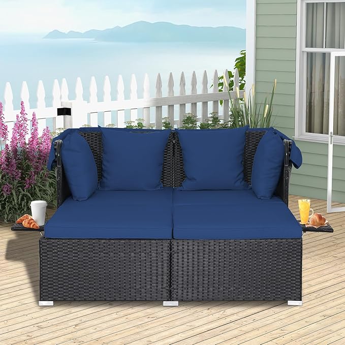 RELAX4LIFE Patio Outdoor Daybed with Canopy, Wicker Sunbed w/Cushions, 4 Pillows & 2 Retractable Side Trays, 2-Person Lounge Bed Conversation for Poolside Porch Garden, Rattan Outdoor Bed (Navy)
