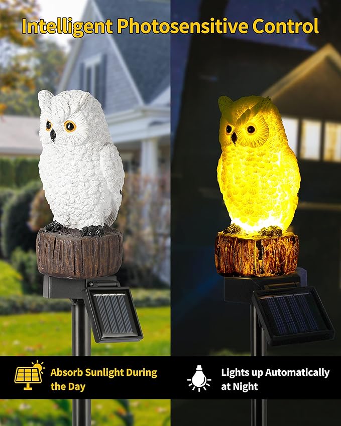 iStatue 2PC Solar Owl Garden Stake Lights, Handcrafted Resin Owl Outdoor Decor with Soft Warm Light, Solar Powered Lawn & Pathway Accent Gardening Gift (2-Pack, Owl)