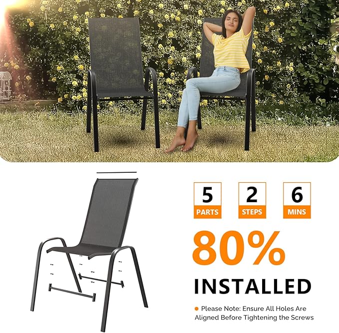 VINGLI Patio Chairs Set of 6 – Stackable Outdoor Dining Chairs with Comfortable Sling High Back Chairs and Armrests for Lawn, Poolside, Courtyard, Balcony, Garden, Black