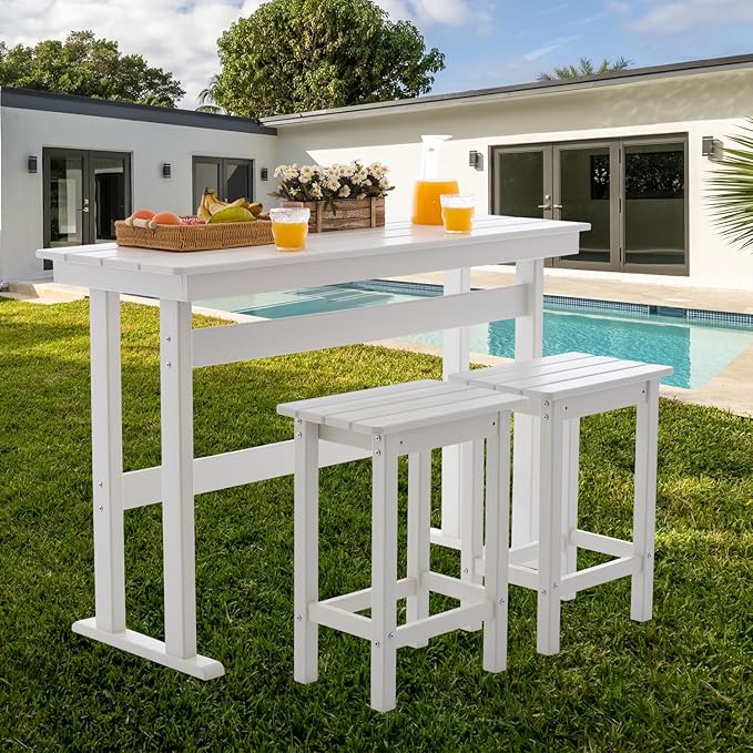3 Pcs HDPE Outdoor Bar Set of 2 Includes Bar Height Table and Chairs, Patio Bar Stools Set for Bistro, Poolside, Backyard, White