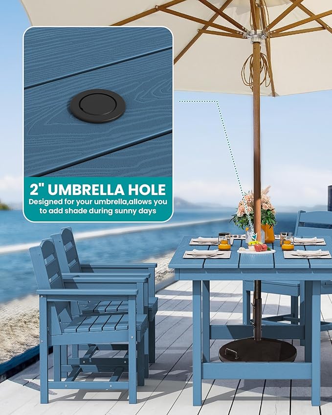SERWALL Outdoor Dining Table, 67" Rectangle HDPE Dining Table for 6, Patio Table for Dining with Umbrella Hole, Blue
