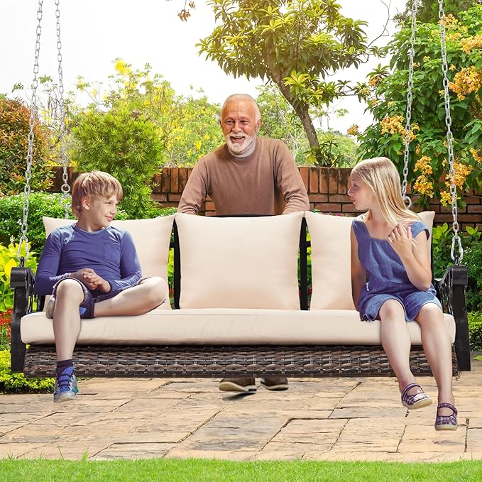 3-Person Wicker Porch Swing Chair Heavy Duty 900 LBS Outdoor Rattan Patio Swing Chair w/Cup-Holder & Steel Chains Hanging Bench Porch Swing Cushions for Deck & Backyard & Garden