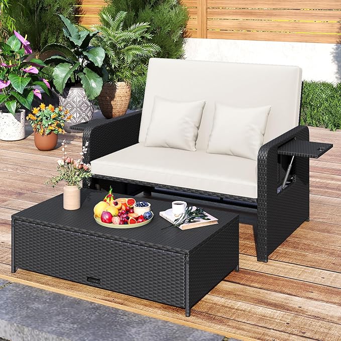 HAPPYGRILL Patio Rattan Wicker Daybed with Loveseat & Storage Ottoman, Outdoor Lounge Sofa Furniture Set with Adjustable Backrest & Side Trays, for Poolside Deck Porch Lawn (Black & Beige)