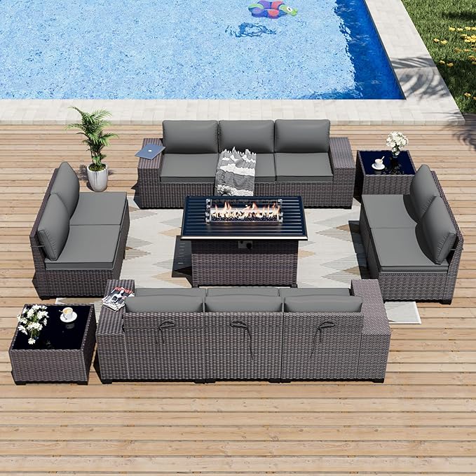 ALAULM 13 Pieces Outdoor Patio Furniture Set with Propane Fire Pit Table Outdoor Sectional Sofa Sets Patio Furniture 43" Gas Fire Pit Brown PE Rattan Patio Conversation Set w/10 Cushions (Grey)