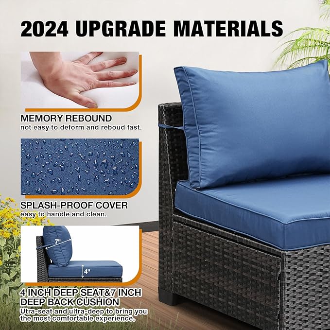 10 Pieces Patio Furniture Set All-Weather Outdoor Wicker Sectional Conversation Sofa Rattan Patio Seating Sofa with Cushion and Glass Table for Porch Poolside,Navy