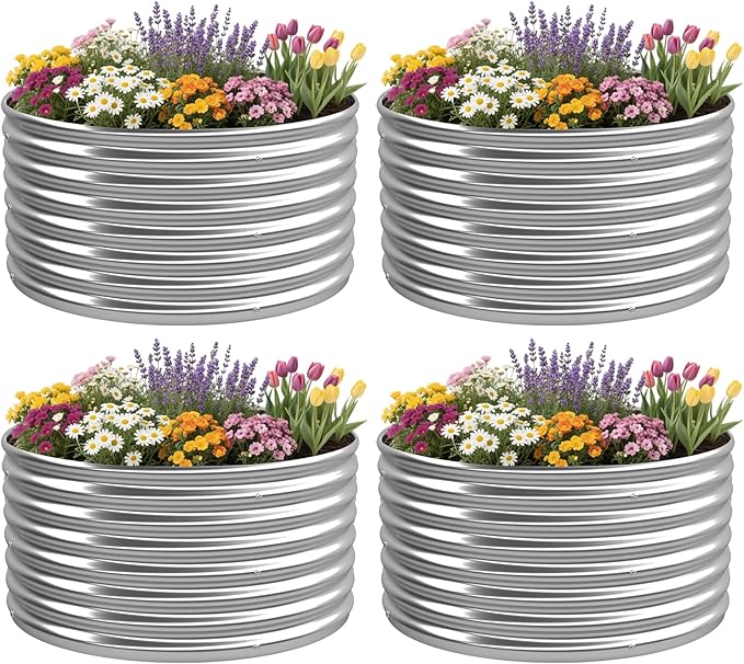 4 Pack Tall 2x2x1.5FT Round Raised Beds for Gardening, Corrugated Galvanized Steel Raised Garden Bed, Outdoor Metal Above Ground Garden Bed for Vegetables and Flowers