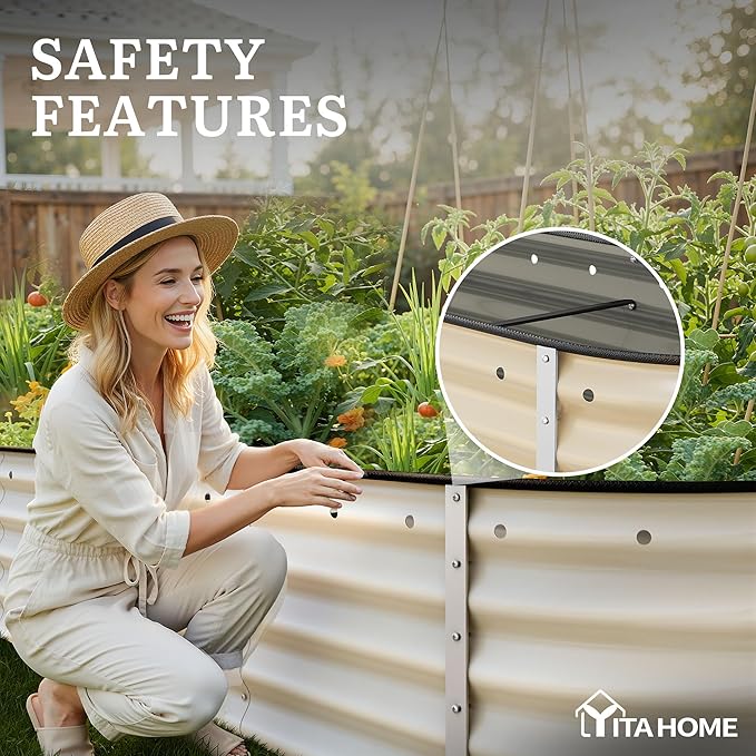 YITAHOME 17" Tall 9 in 1 Large Raised Garden Bed Kit, 8x2x1.4ft Galvanized Metal Planter Box with Gloves & Safety Rubber, Outdoor Above Ground Planters for Plants Vegetables Flowers, Cream Yellow