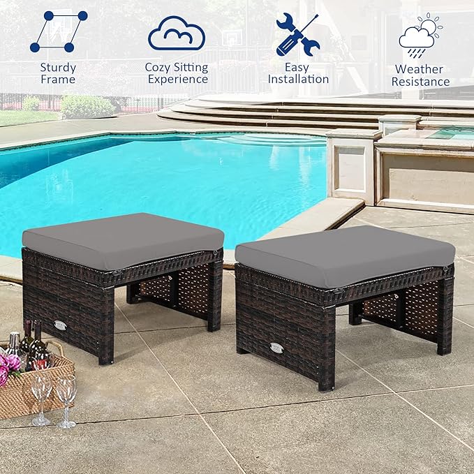 Tangkula 2 Pieces Patio Rattan Ottomans, All Weather Outdoor Footstool Footrest Seat with Soft Cushion, Hidden Zipper, High-Density Sponge, Wicker Ottoman Seat for Patio, Garden, Poolside