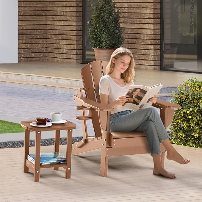 nalone Adirondack Side Table 16.5" Outdoor Side Table HDPE Plastic Double Adirondack End Table Small Table for Patio (Teak)
