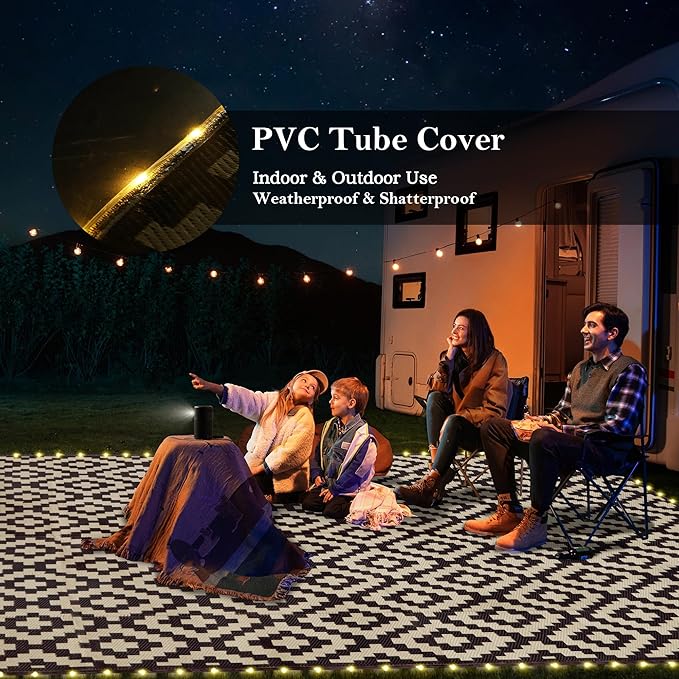 SAND MINE Reversible Mats with Led Strip Lights, Plastic Straw Rug, Modern Area Rug, Large Floor Mat for Outdoors, Patio, Backyard, Deck, Picnic, Camping, Black & Beige, 8' x 10'