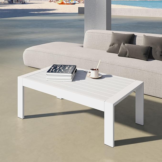 All-Weather Aluminum Outdoor Coffee Table, Modern Coffee Table for Outside, Rectangle Patio Coffee Table for Balcony Garden, White